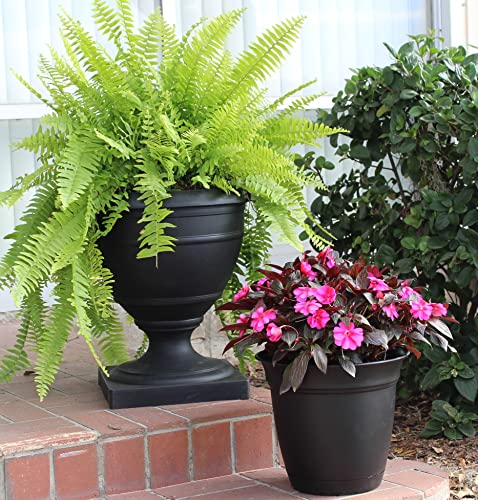 The HC Companies Eclipse Round Planter with Saucer - Outdoor & Indoor Plant Pot with Drainage Holes - Lightweight, UV-Resistant Plastic Pots for Plants, Flowers & Herbs (16" Black, Pack of 1) - size: 16"