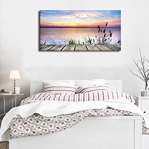 Large Lake Dock Sunset Wall Art, Flying Birds Beach Landscape, 20" x 40" - color: Sunset Lake, size: 40"L x 20"W