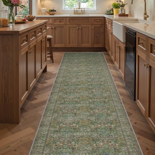 Washable 2'6" x 10' Runner Rug, Floral Green Rug Runner,Dark Green - color: Dark Green, size: 2'6" x 10' (Runner)