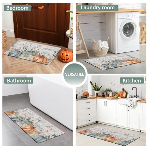 Fall Kitchen Rugs and Mats Set of 2 Blue Orange Autumn Maple Leaves Pumpkin Kitchen Decor Anti Fatigue Cushioned Kitchen Floor Mats Non Slip Waterproof Standing Mat for Laundry Office