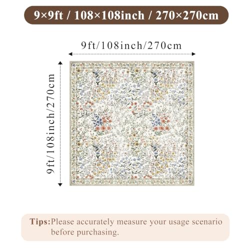 9x9 Square Area Rug Living Room, Non-Slip Floral Washable 8ft Square Rug Low Pile Thin Indoor Carpets for Dining Room Bedroom Office High Traffic Area Boho Vintage Home Decor (9ft Square, Beige) - color: Beige, size: 9x9