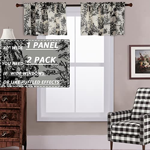 Black and White Farmhouse Kitchen Valances for Windows,Toile Country Decor Print Sheer Rustic Theme Pattern Design Rod Pocket Cream Cotton Valance Curtains for Living Room Bathroom Set,18 Inch Length - color: Grey Black
