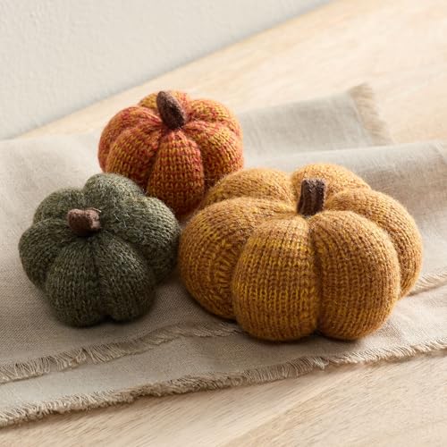 Set of 3 Cozy Mini Knit Pumpkins (Marigold Multi-Size Set) - color: Marigold Multi-sized