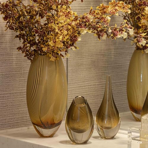 Murano Style Glass Vase Hand Blown Amber Feather Pattern Effect Home Decor - color: Amber