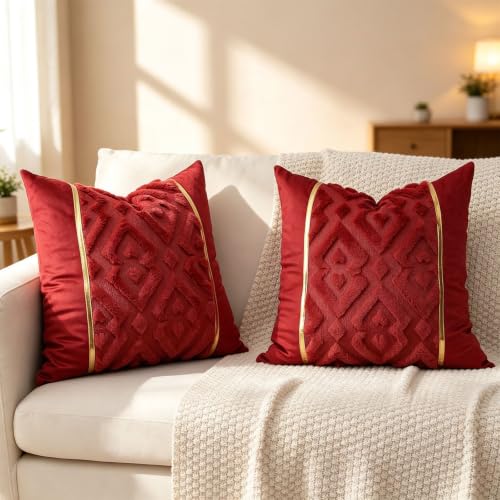 Luxury Patchwork Tufted Throw Pillow Cover 20x20 Inch Set of 2 - color: Claret, size: 20" x 20" (Pack of 2)