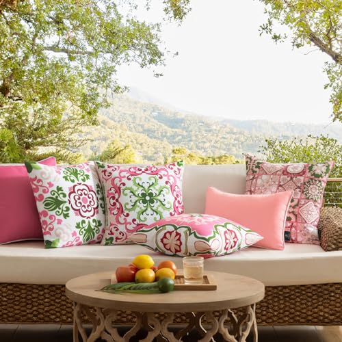 Phantoscope Set of 4 Outdoor Waterproof Throw Pillow Covers, Geometric, Decorative Boho Farmhouse Outdoor Pillows Cushion Case for Home Patio Furniture Tent, Pink/Green Fig 18x18 Inches - color: Pink/Green Fig, size: 18" x 18" (Pack of 4)