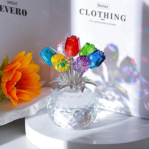 Movdyka Colorful Crystal Rose Glass Flowers with Vase Figurine Home Decor - color: Colorful-crystal Rose