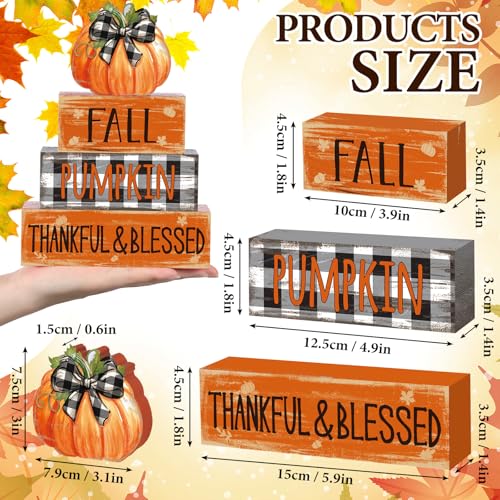 4 Pcs Fall Decor for Home Buffalo Plaid Pumpkin Wooden Signs with Blessed - style: Grid Pumpkin