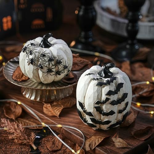 FESTGLOX Black and White Pumpkins with Bats for Halloween Indoor Decor - color: White and Black Bats-2pcs