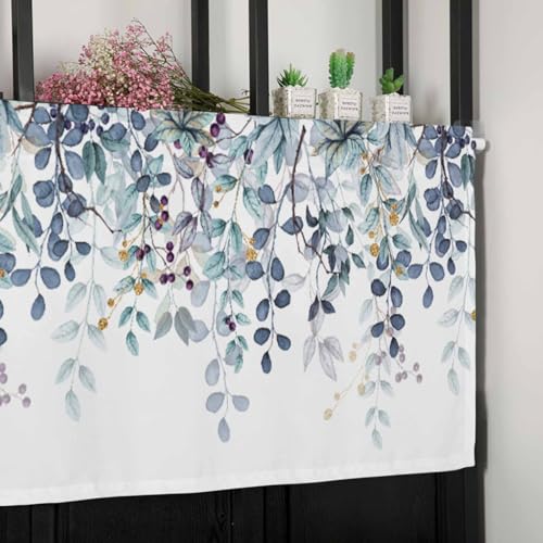Dark Blue Eucalyptus Leaves Valances for Windows 2 Panels, 42x12 in - color: Eucalyptus Leaves-dark Blue, size: 42"W x 12"L (Pack of 2)