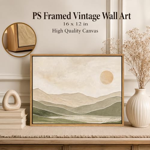 SPIGETO Framed Sage Green Abstract Landscape Mountain Sun Wall Art, 16x12 - color: SUN, size: 16"L x 12"W