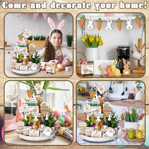 Amyhill 24 Pcs Easter Tiered Tray Decor Bunny Carrot Farmhouse Easter Decorations Spring Tiered Tray Decor Wooden Signs Mini Table Decorations for Home Kitchen Coffee Bar Shelf - style: Fresh Easter