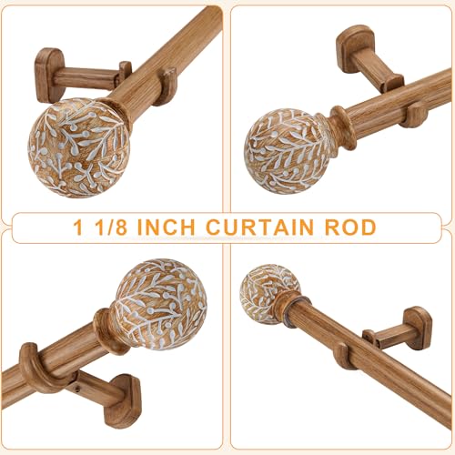 1-1/8 Inch Diameter Wood Curtain Rods for Windows 120 to 240 inch - Adjustable Seamless Aluminum Bracket - Heavy-Duty Boho Curtain Rods with Seaweed Finial - Brown Wood Grain - color: Light Wood Grain, size: 120-240"