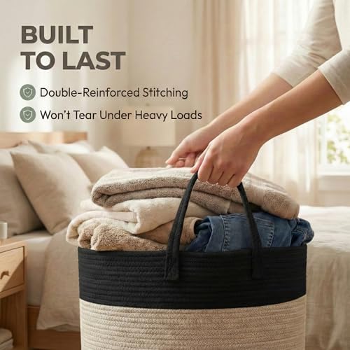 JMvicyroam 65L Extra Large Machine Washable Cotton Rope Blanket Basket - color: Black&Jute, size: 65L