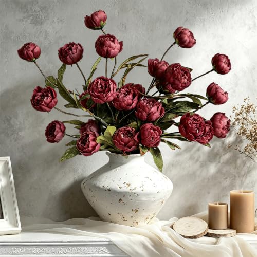 6Pcs Burgundy Peony Artificial Flowers for Vase - color: Burgundy, size: 6Pcs