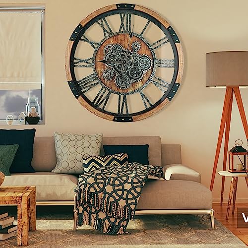 36'' Large Wall Clock Real Moving Gears Oversized Industrial Solid Wood Rusic Farmhouse Clocks for Living Room Wall Decor Home Office, 36 inch 90cm, Brown and Vintage Bronze - color: Vintage Brown, size: 90cm / 36 inch