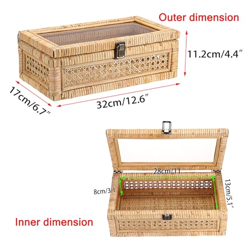 Hipiwe Rattan Decorative Box with Clear Lid and Lock - Woven Wicker Basket - color: Natural Color, size: Medium,12.6"x6.7"x4.4"
