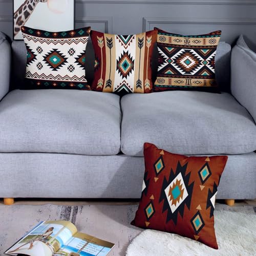 Throw Pillow Covers, Western Teal, Set of 4, 18"x18" - color: Southwestern Tribal 2