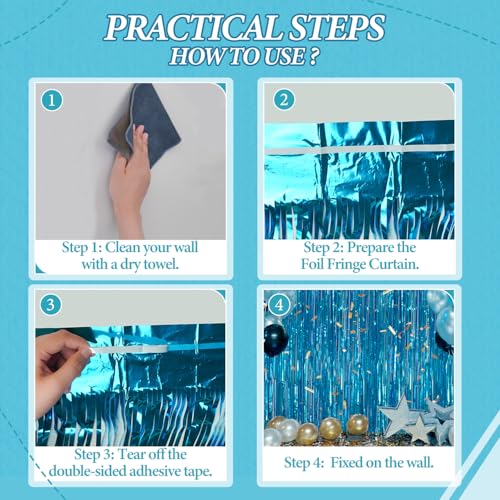 DECOCKRAT 3 Pack Foil Fringe Backdrop - Blue Shiny Tinsel Curtains for Party Decoration/Photo Booth Props - 3.3x8.2 FT Metallic Foil Backdrop for Birthday, Wedding, Graduation, Christmas. - color: Blue