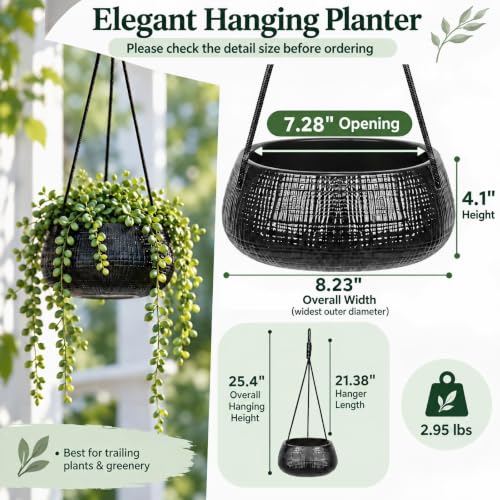 Hanging Planter for Indoor Plant 8 in, Ceramic Black Flower Pot - color: Black