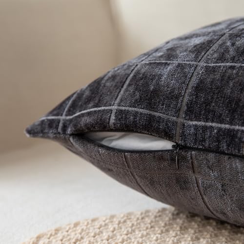 Set of 2 Chenille Check Throw Pillow Covers Decorative Vintage Plaid Pillowcase Neutral Boho Couch Pillows Farmhouse Cushion Covers for Sofa Couch Living Room 30x50 Inch,Black - color: Black, size: 20" x 12" (Pack of 2)