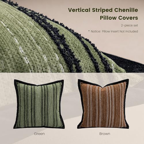 18x18-inch Green and Brown Striped Embroidered Chenille Sofa Pillowcase, Luxurious Modern Style, Suitable for Sofas, Living Rooms, bedrooms, Cars, and Outdoor Decorations (1 Green + 1 Brown) - color: 1 Pcs Green+1 Pcs Coffee