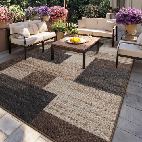 Modern Outdoor Patio Rug, Geometric Patchwork Rug for Living Room, Brown - color: Brown, size: 8x10ft