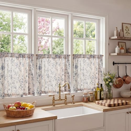 jinchan Floral Linen Kitchen Tier Curtains, 24 Inch, 2 Panels, Blue - color: Amlie Blue, size: 26"W x 24"L (Pack of 2)