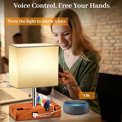 Smart RGB Dimmable Table Lamp Compatible with Alexa&APP&Remote Control, Wood Base - color: Wood, size: 1 Pack