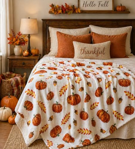 Fall Soft Fleece Throw Blanket, Pumpkin Leaves Wheat, 50" x70 Oversized - color: Fall Harvest