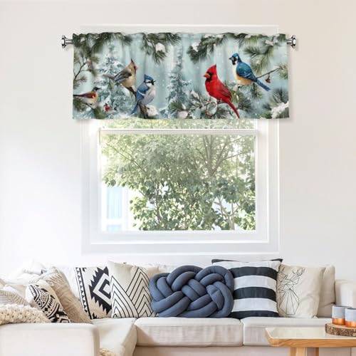 Worltoldb Winter Cardinal Bird Curtain Valance Short Rod Pocket Window Treatment for Living Room Bedroom Kitchen Bathroom 1 Panel 54" W x 18" L - color: Winter Cardinal Bird