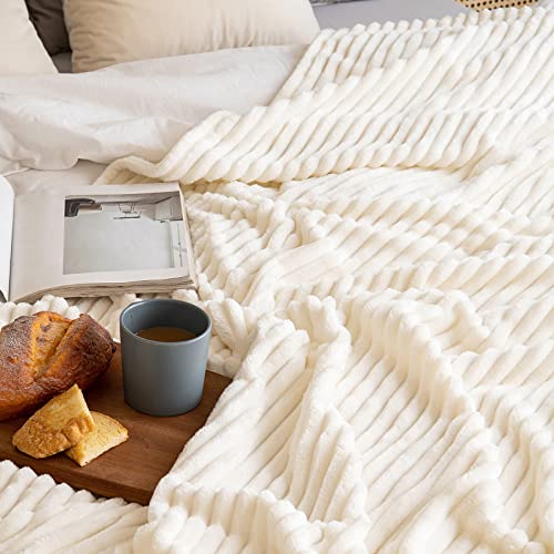 MIULEE Fleece Throw Blanket with Stripe Pattern for Couch Super Soft Fuzzy Flannel Cream White Blanket Plush Warm Cozy Bed Blanket for Sofa Chair Twin Size 60"x80" - color: Cream White, size: 60"x80"