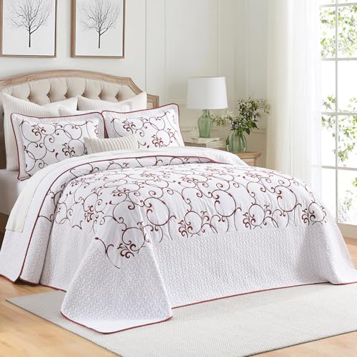 100% Cotton Oversized King Bedspreads 128x120, Burgundy White - color: White/Burgundy, size: Extra Wide Super King(128"x120")