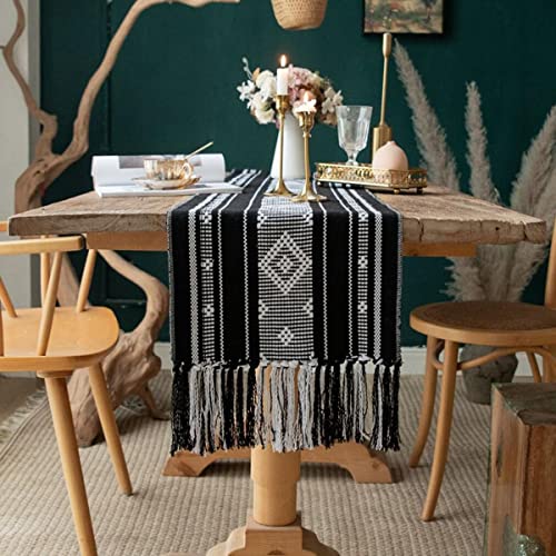 Boho Table Runner with Tassel, Farmhouse Table Runner 71 Inches Long for Dining Table Decor, Wedding, Party and Dresser Decor, Black and White - size: 13.5''x71''13.5*90‘’