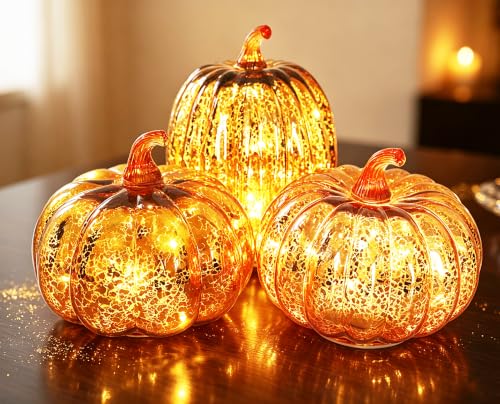Mercury Glass Pumpkin Lights with Timer Set of 3, Battery Operated Glass Pumpkin for Halloween Thanksgiving Fall Autumn Decorations Tabletop Home Holiday Decor, Gold (Height:5.5“/7.7”)