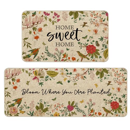 Spring Summer Kitchen Mats Vintage Florals Bird Low Profile Rugs
