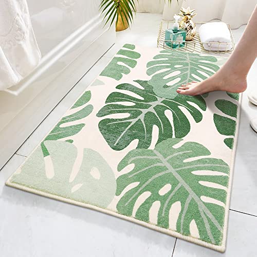 Lukinbox Green Bathroom Rugs Non Slip, Cute Washable Bath Rugs Mat, Small Leaf Bathroom Mat Soft Plant Area Rug for Indoor Shower Bathtub, 20"x31" - size: 20" x 31"