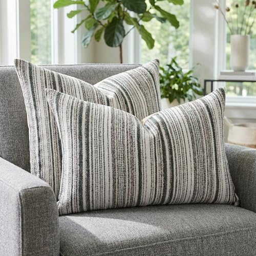 Set of 2 Striped Chenille Throw Pillow Covers 18x18 Inches Premium Plush Textured Decorative Cushion Covers Reinforced Hidden Zipper Mid-Century Modern Farmhouse Decor for Couch Sofa Green - color: Green, size: 18" x 18" (Pack of 2)