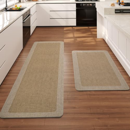 Kitchen Rugs Set of 2, Non Slip Rubber Backing, 17"x30"+17"x47" Brown - color: Brown, size: 17"x47"+17"x30"
