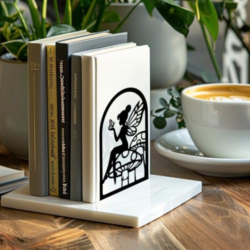 Peacoblue 5.3"x3.5"x7.8" Metal Bookends, Heavy Duty Book Ends for Shelves - color: Fairy and Mushroom