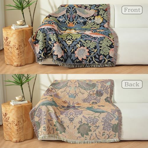 Hopstar Woven Tapestry Blanket with Tassels Hippie Room Decor Boho Cotton Throw Blanket for Couch Bed Outdoor Double Sided (Strawberry Thief, 51"x63") - color: Strawberry Thief