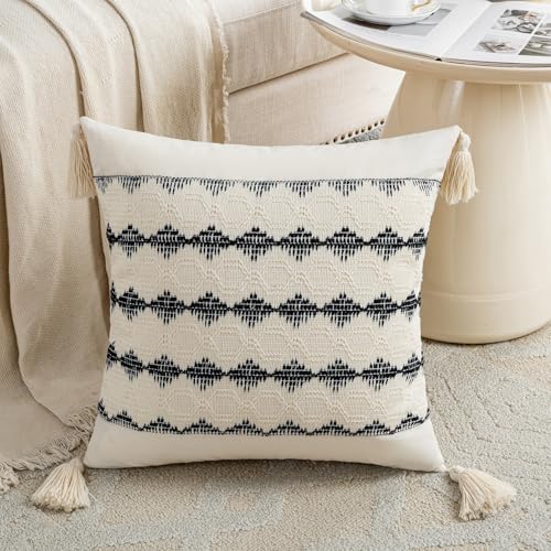 Fancy Homi Set of 2 Black Decorative Throw Pillow Covers 18x18 Inch for Couch Bed Sofa Living Room Office, Aesthetic Organic Farmhouse Home Decor, Cotton Woven Textured Cushion Case with Tassels - color: Black, size: 18" x 18" (Pack of 2)