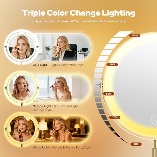 30X Magnifying Makeup Mirror with Lights, Height Adjustable Double Sided Vanity Mirror, 360° Rotation Cosmetic Mirror for Desk Bathroom - Antique Bronze