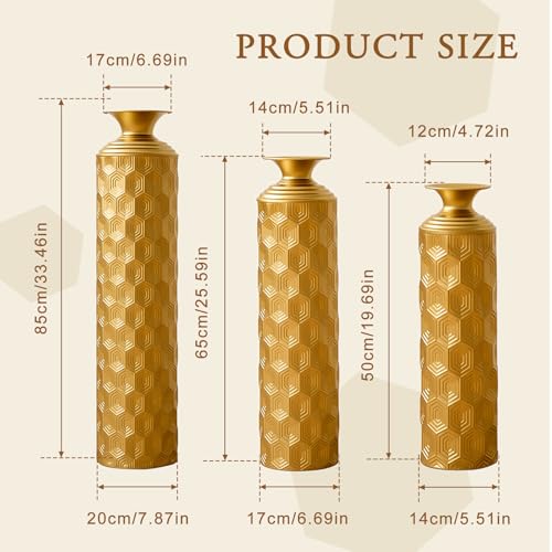 Tall Floor Metal Decorated Vases Set of 3 American Gold - color: American Gold