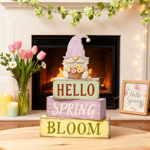 Spring Decoration Wooden Tiered Tray Decor – Rustic Hello Spring Bloom Gnome Stacked Block Sign with Flower Basket Topper – Farmhouse Tabletop Spring Decor for Living Room Shelf Kitchen Coffee Bar Seasonal Home Display - style: Gnome