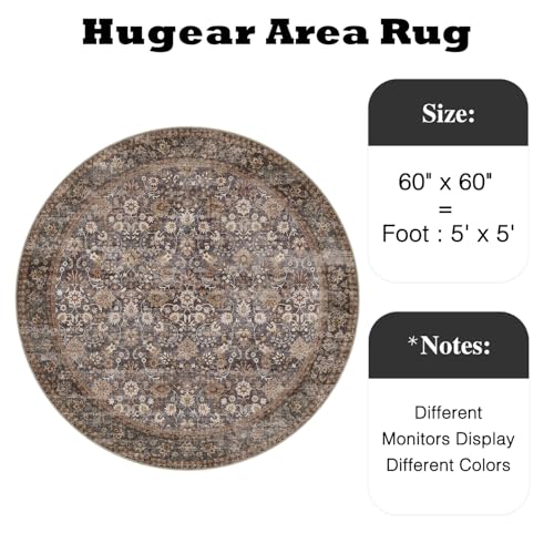 HUGEAR 5ft Round Brown Blue Vintage Floral Washable Rug for Living Room - color: Floral | Brown/Blue, size: 5' (Round)