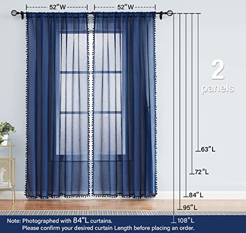 Pom Pom Blue Sheer Curtains for Bedroom 52x63" Kids Room Window Drapes Navy - color: Classic Blue, size: 52"W x 63"L (Pack of 2)