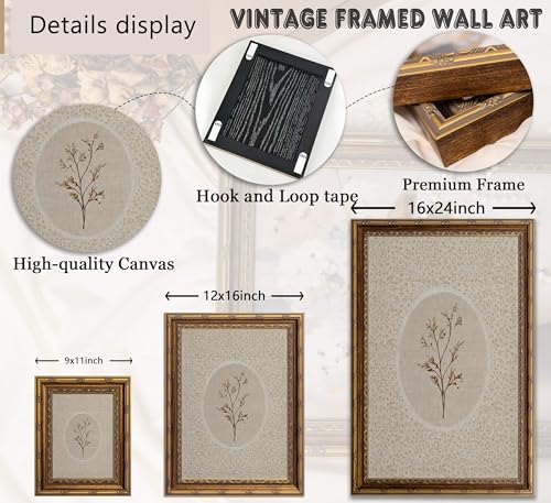 Vintage Gold Framed Wall Art, Dried Botanical Herbarium Print with Floral Pattern Background, Neutral Rustic Farmhouse Decor for Living Room, Bedroom, Bathroom, Ready to Hang - color: Dried flowers, size: 11"L x 9"W