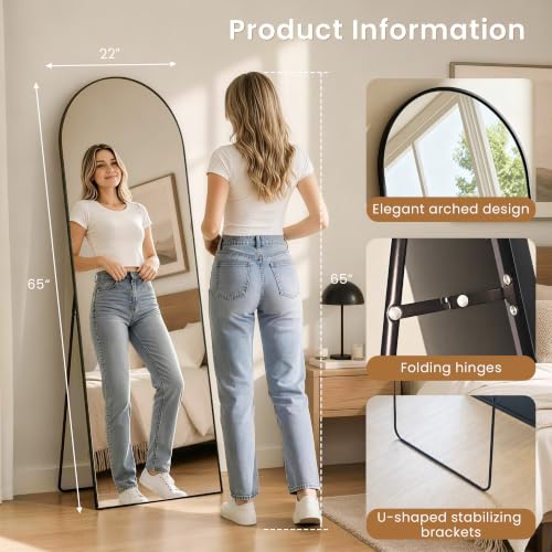 65" x 22" Arched Full Body Mirror with Stand(Black) - color: Black, size: 65"L x 22"W