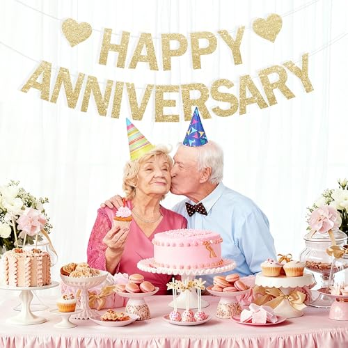 Happy Anniversary Glitter Banner - No DIY - Champagne Gold Happy Anniversary Decorations Banner for Romantic Wedding Birthday Party Decorations